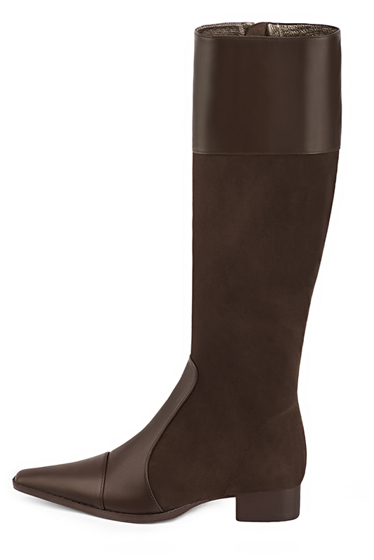 Dark brown women's riding knee-high boots. Tapered toe. Low leather soles. Made to measure. Profile view - Florence KOOIJMAN